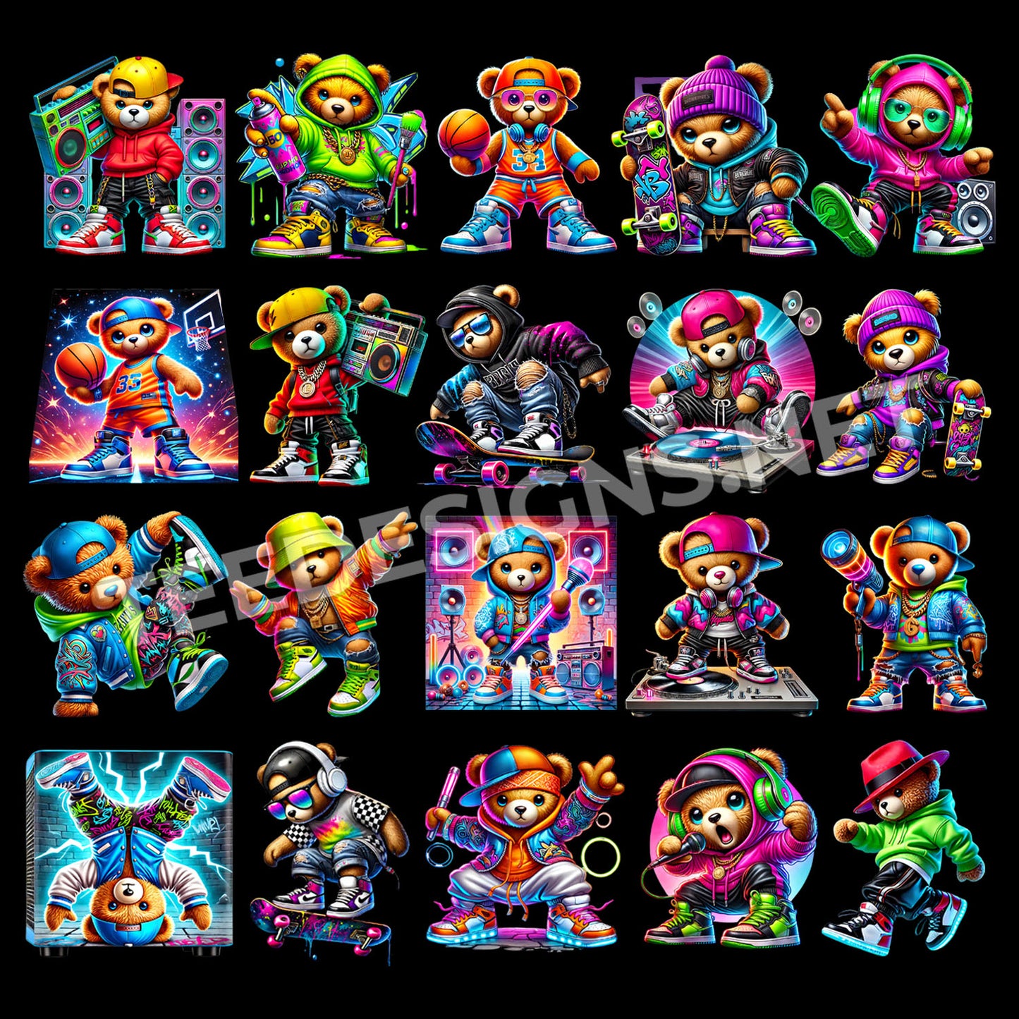 30 Neon Hip Hop Teddy Designs PNG
