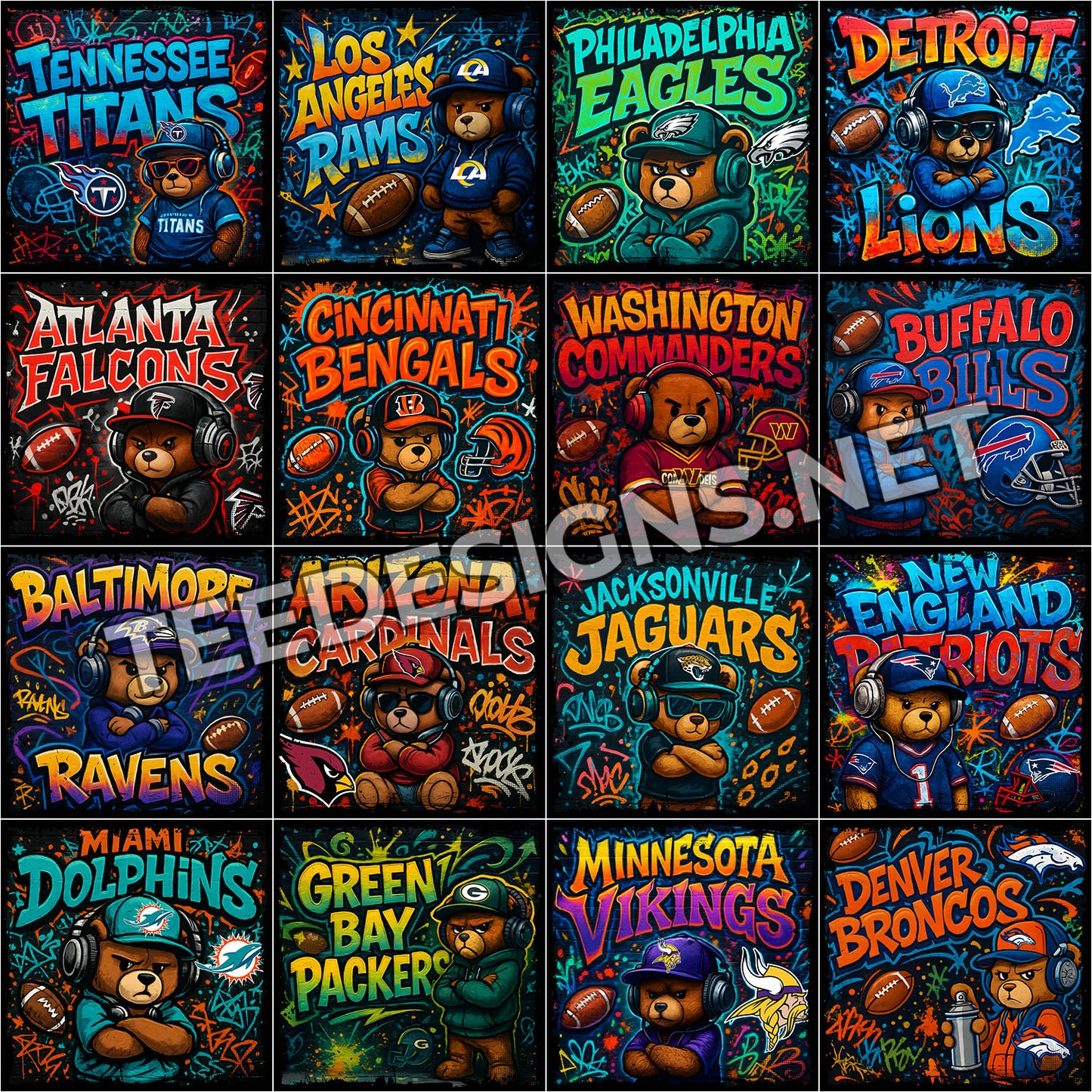 32 Graffiti Style Teddy NFL Designs PNG