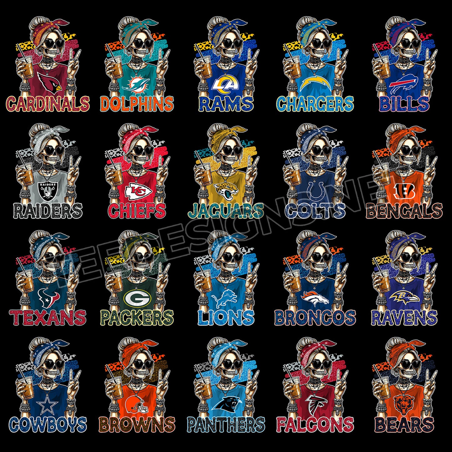 32 Skeleton Coffee Girl NFL Designs PNG