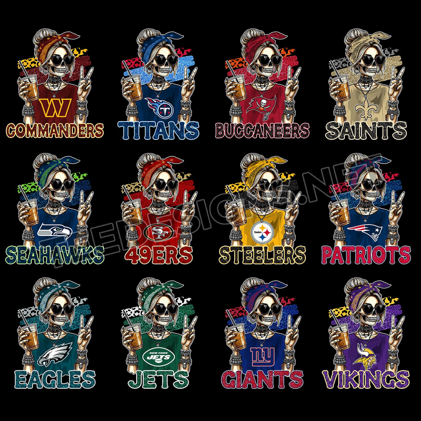 32 Skeleton Coffee Girl NFL Designs PNG