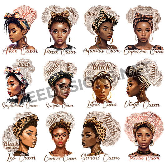 12 Zodiac Black Queen Designs PNG