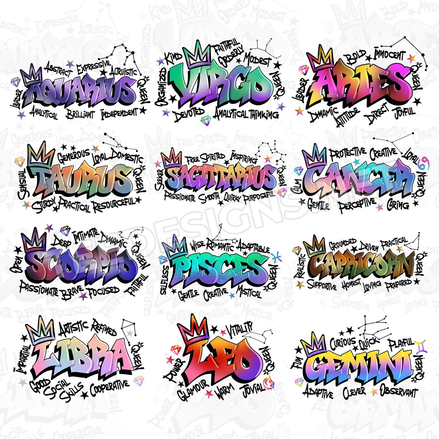 12 Zodiac Graffiti Designs PNG