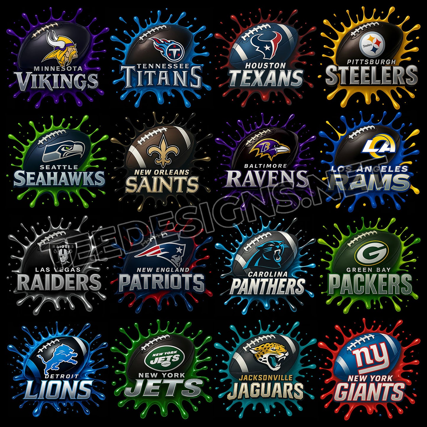 32 Color Splash NFL Designs PNG