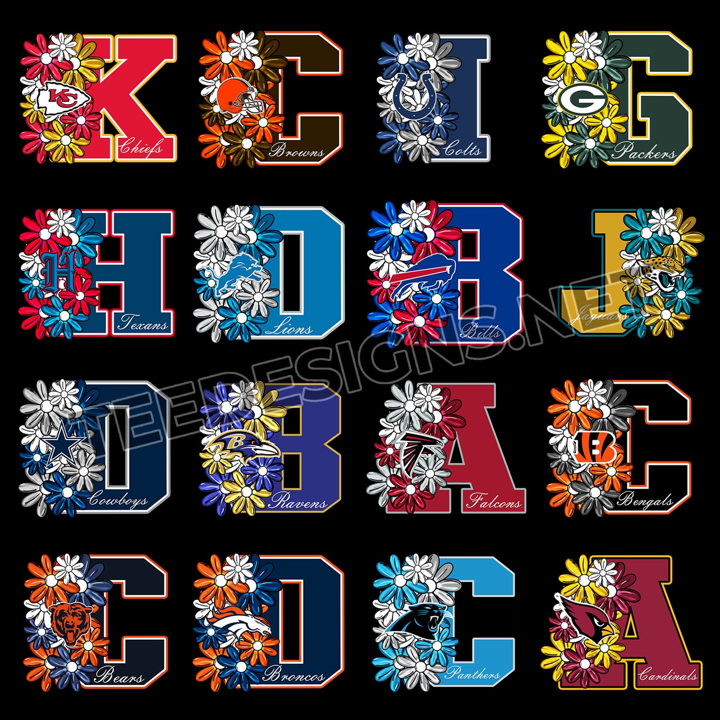 32 Floral NFL Team Initial Designs PNG