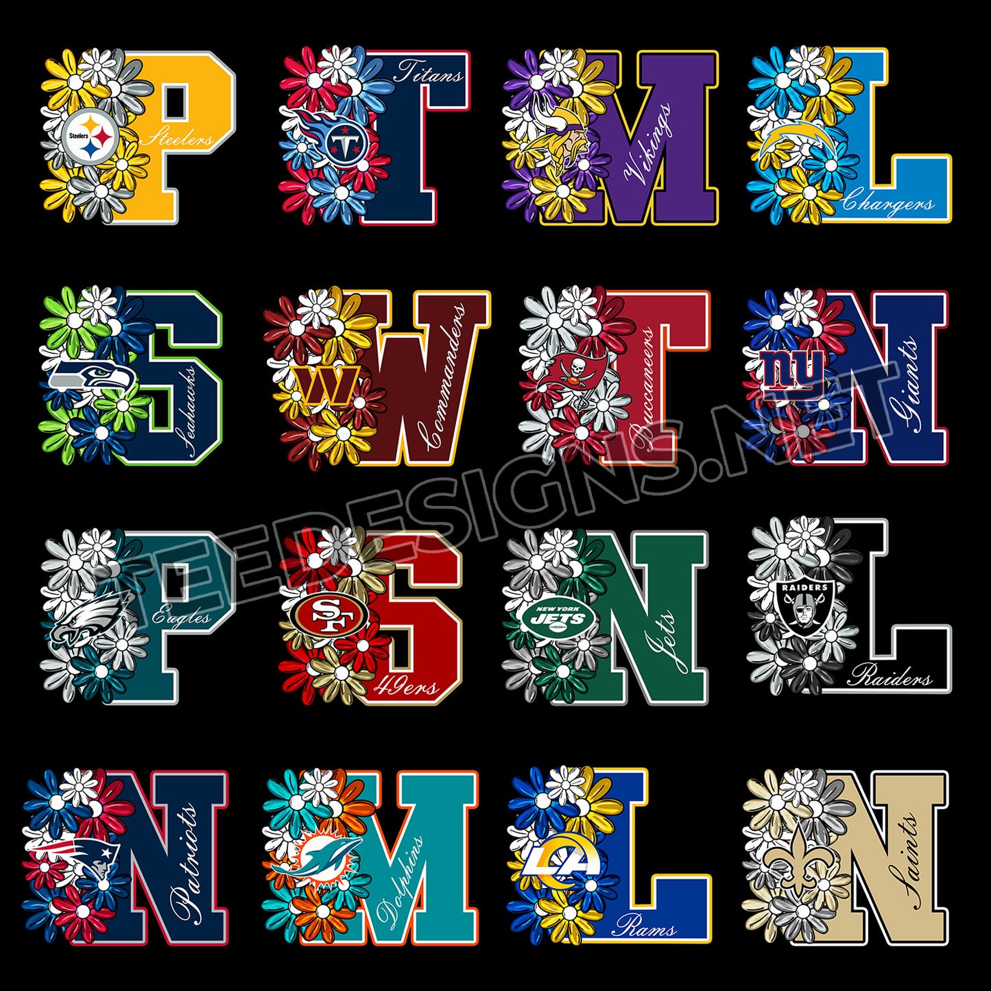 32 Floral NFL Team Initial Designs PNG