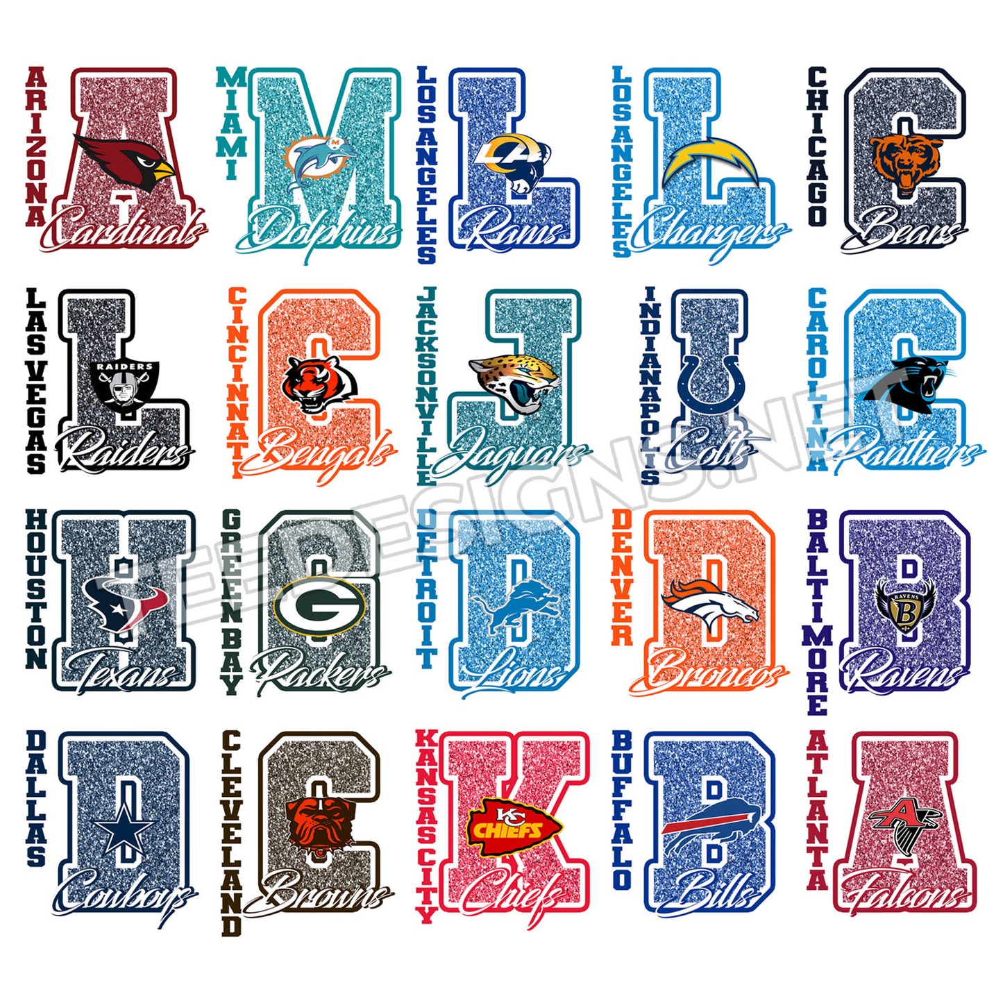 32 Glitter Letter NFL Designs PNG