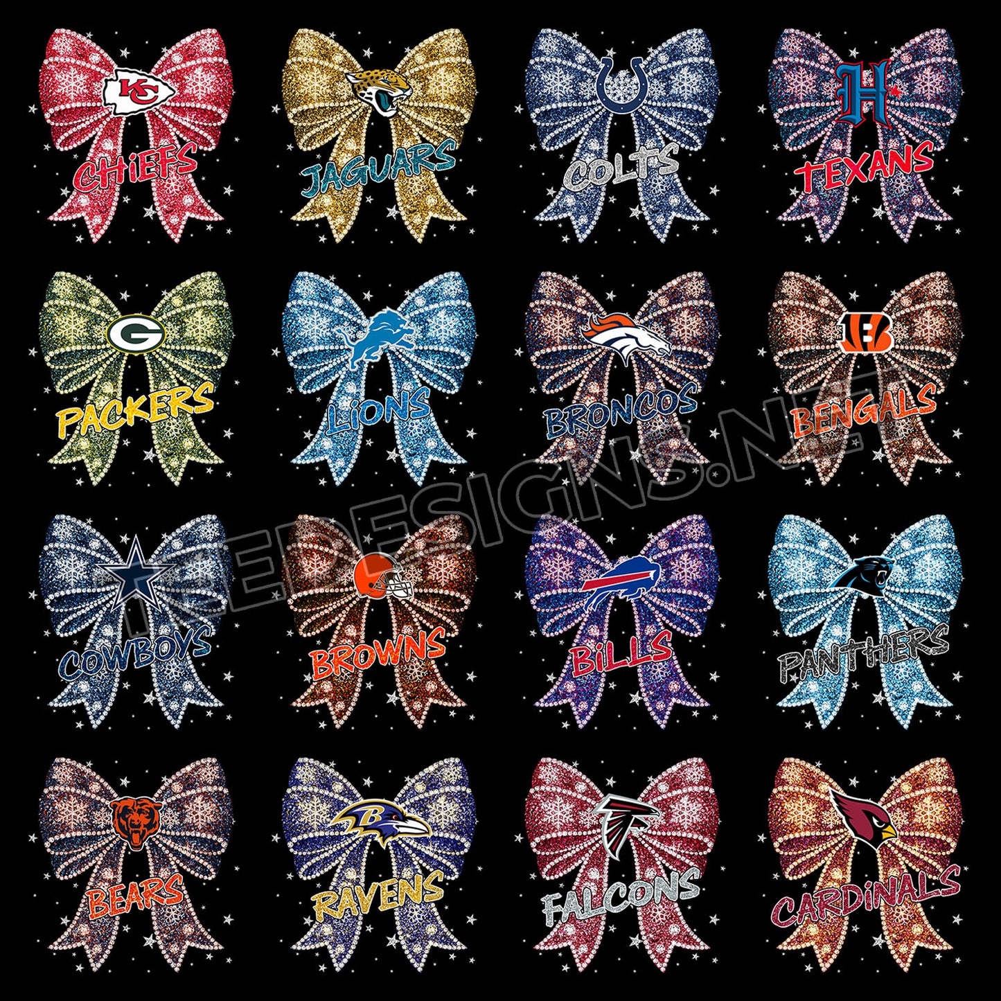 32 Glitter Rhinestone Bow NFL Designs PNG