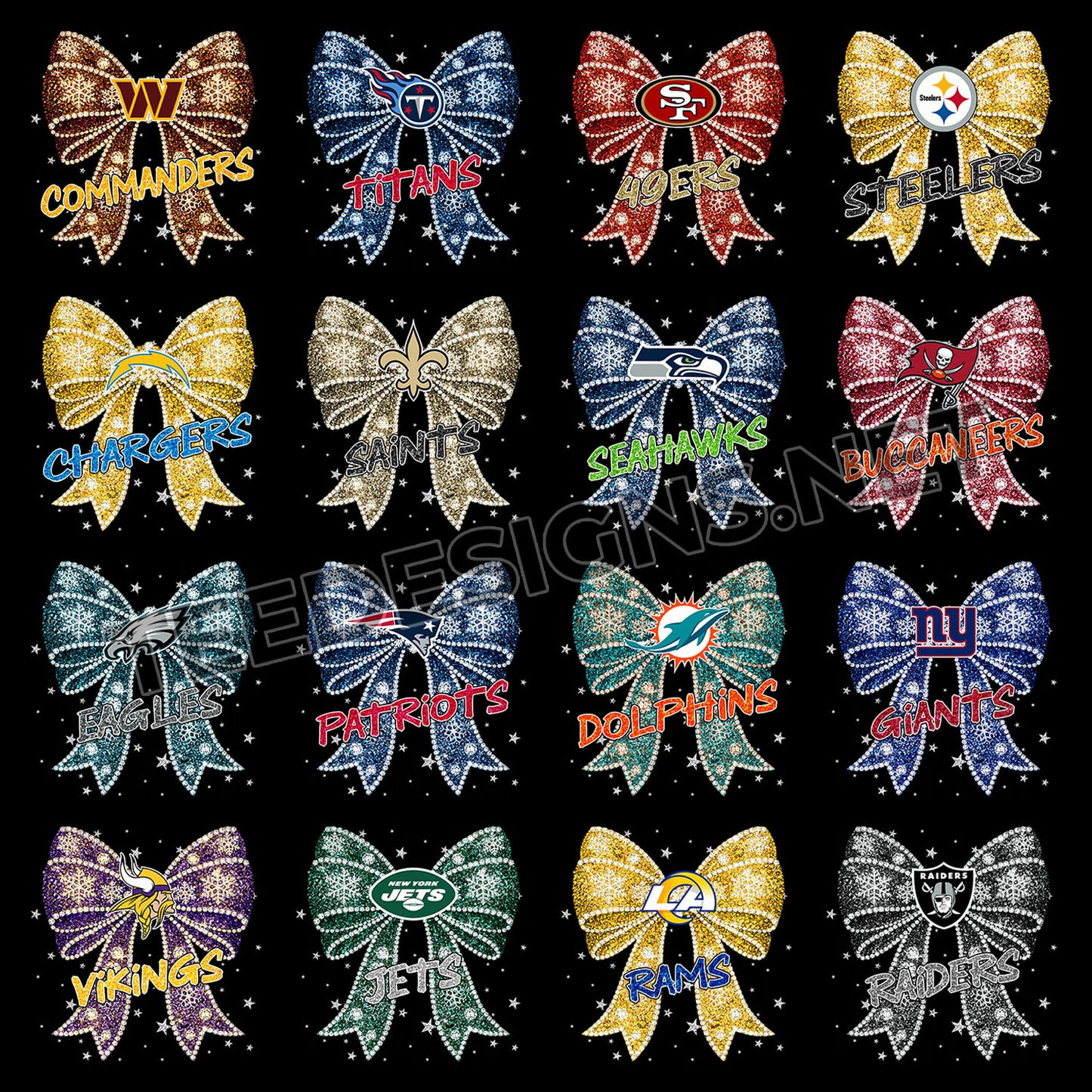 32 Glitter Rhinestone Bow NFL Designs PNG